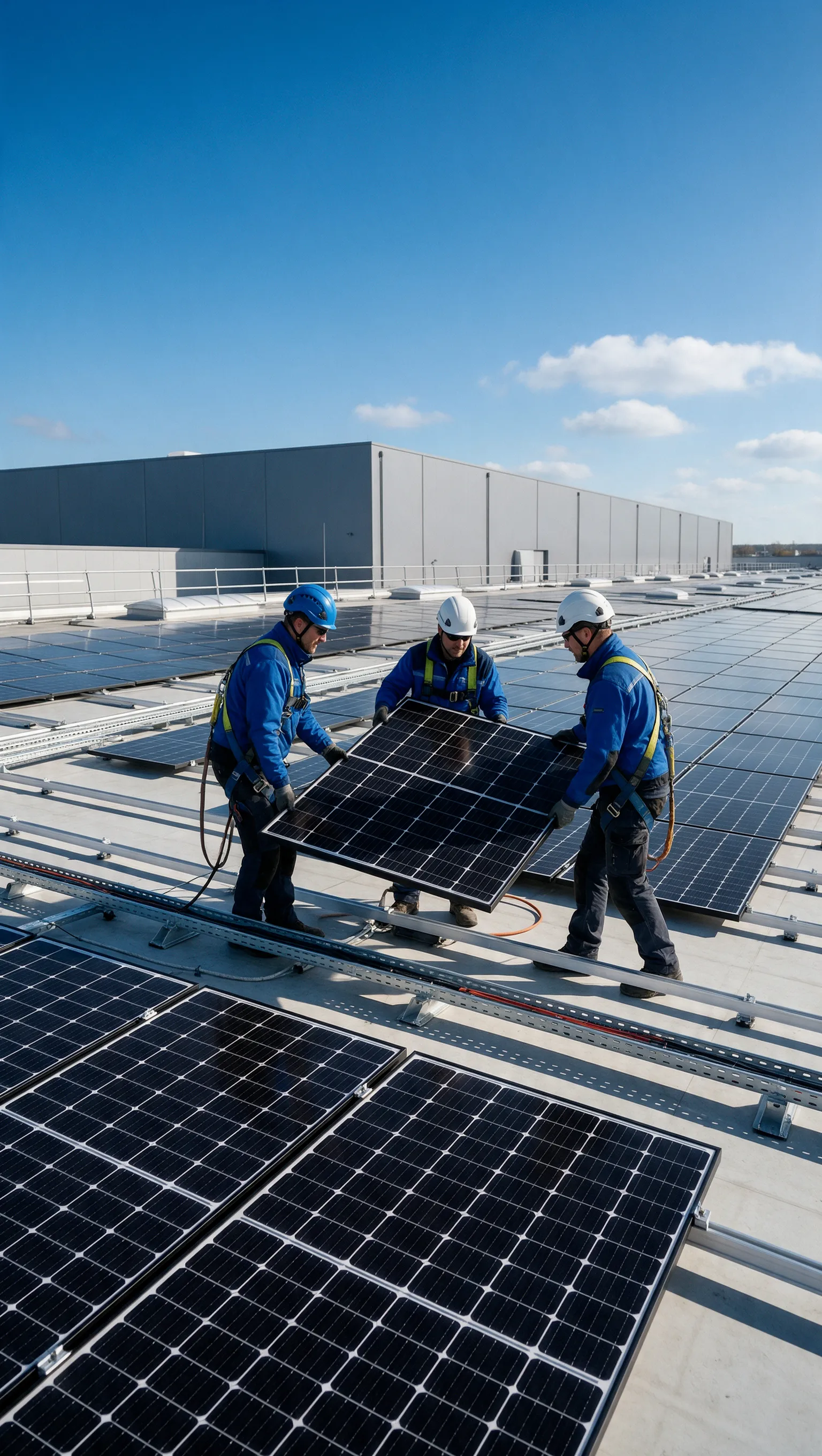 Montageteam installiert PV-Module auf dem Dach einer Logistikhalle
