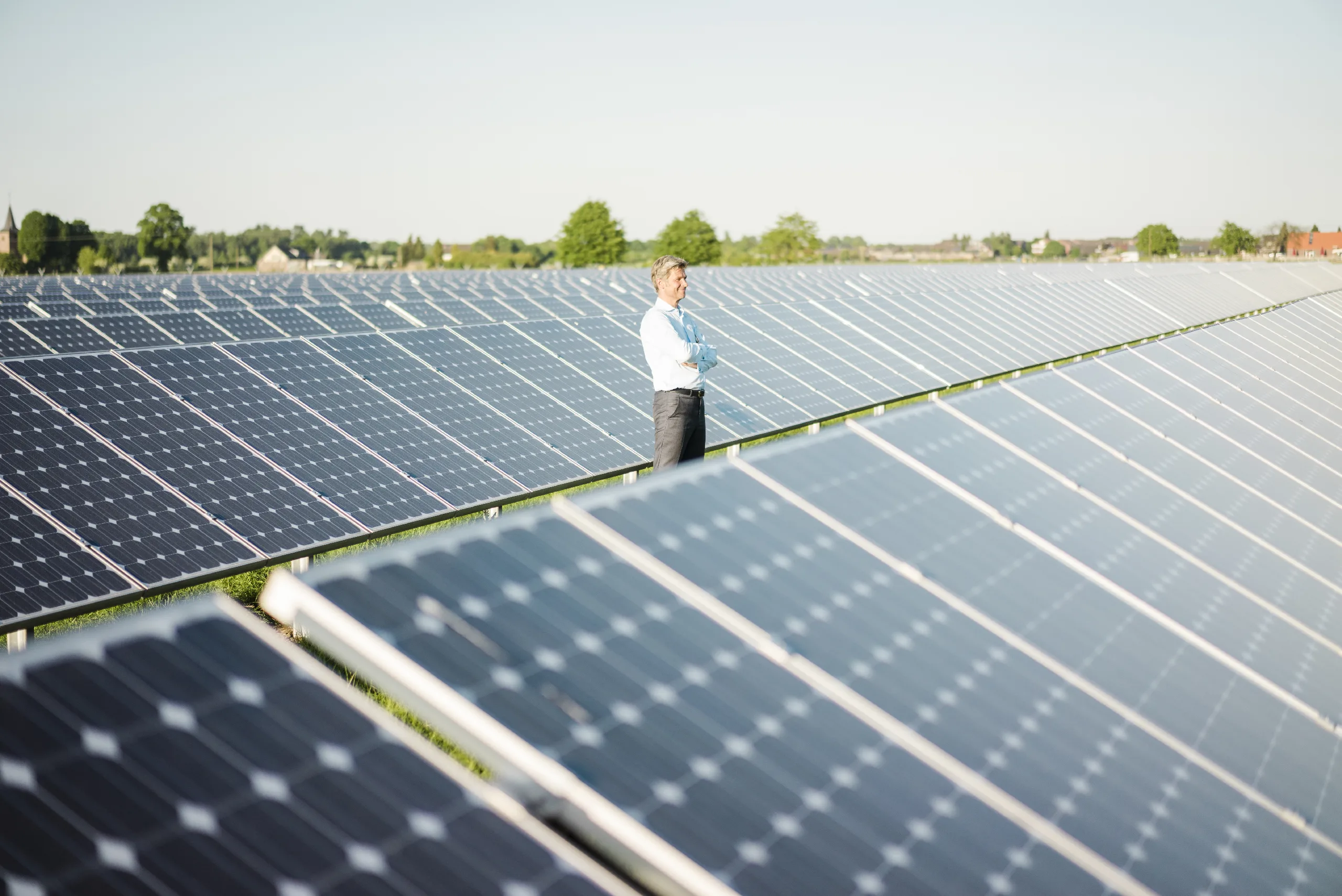 Freiflächen-Solarpark mit Investor zwischen den Modulreihen