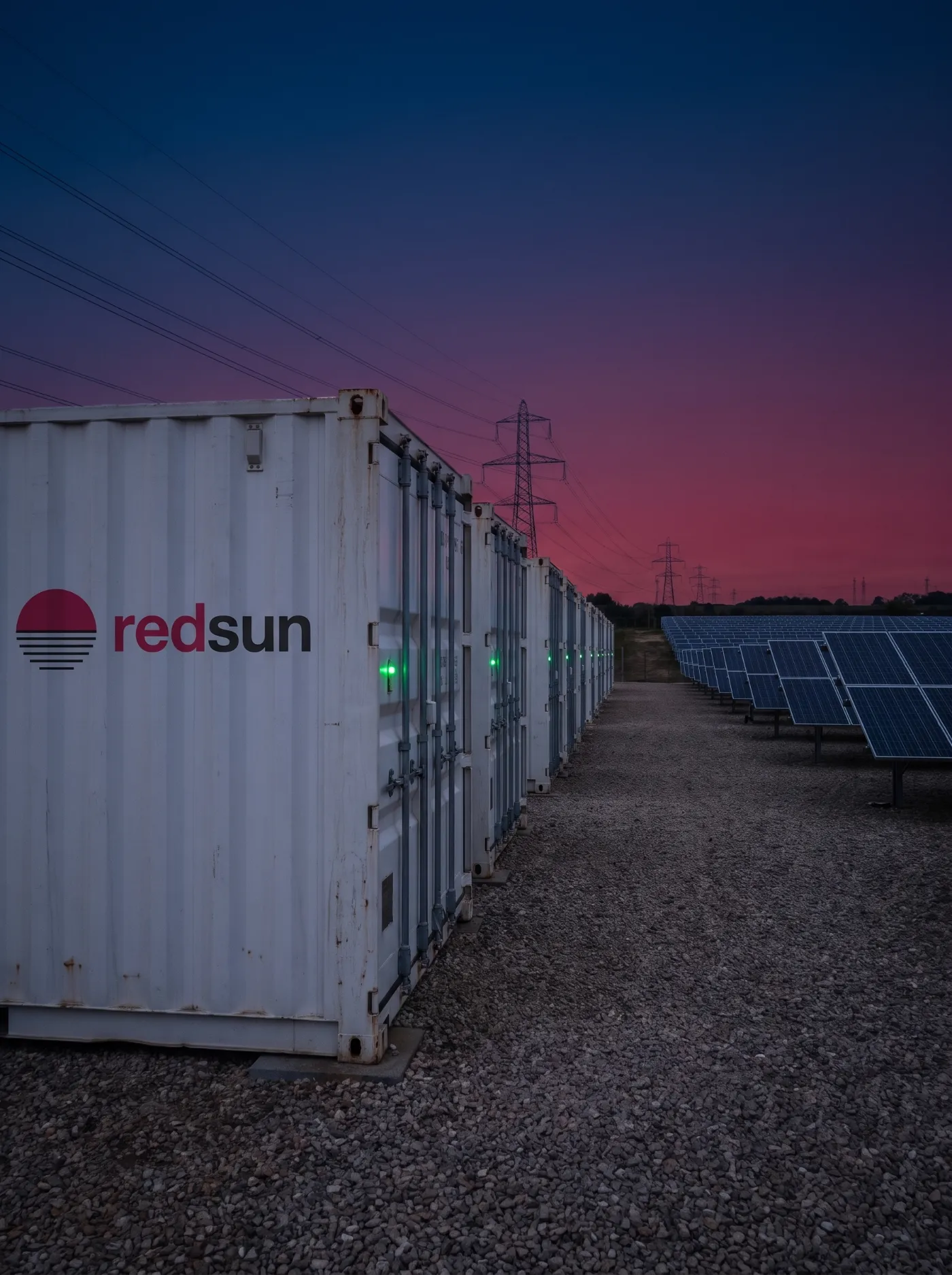 Batteriespeicher-Container mit redsun-Logo neben einem Solarpark in der Abenddämmerung