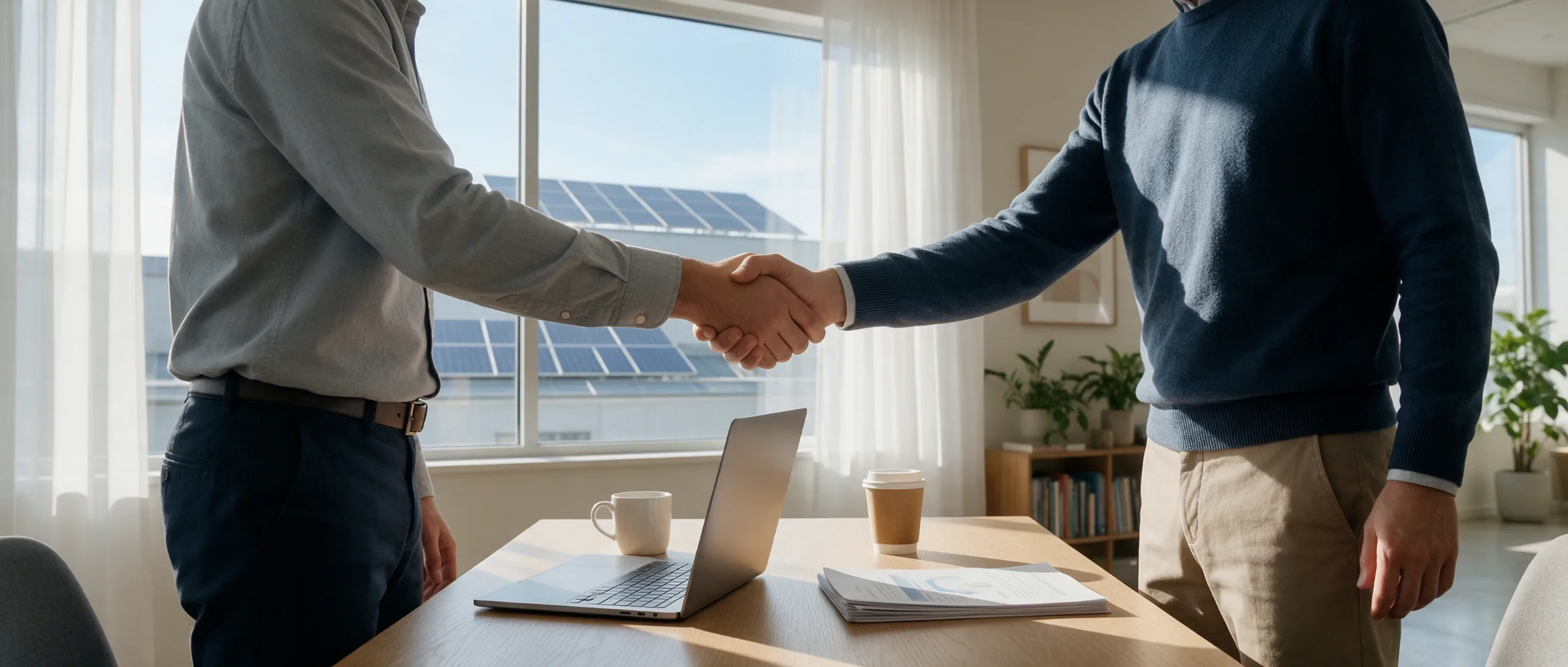 Zwei Geschäftspartner geben sich in einem hellen Büro die Hand