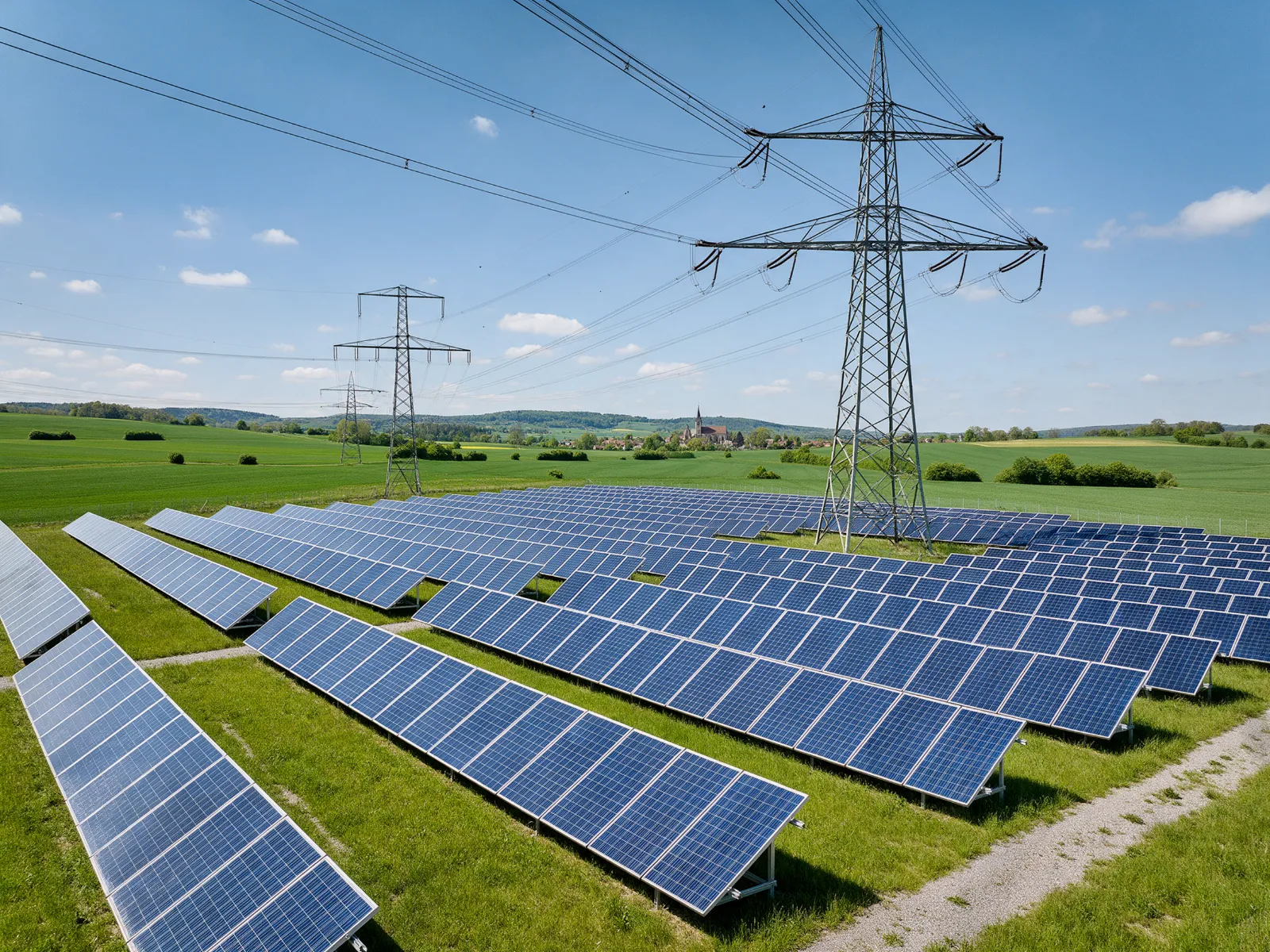 Hochspannungsleitungen über einem Solarpark