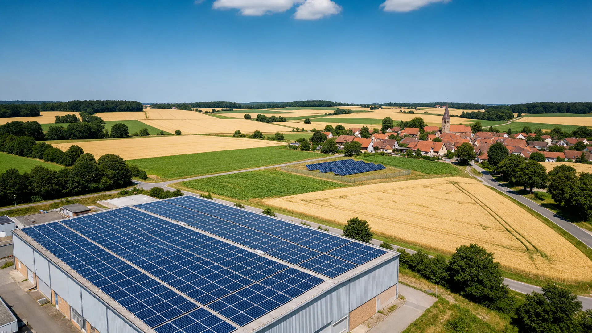 Gewerbedach mit Solaranlage über Feldern und einem Dorf