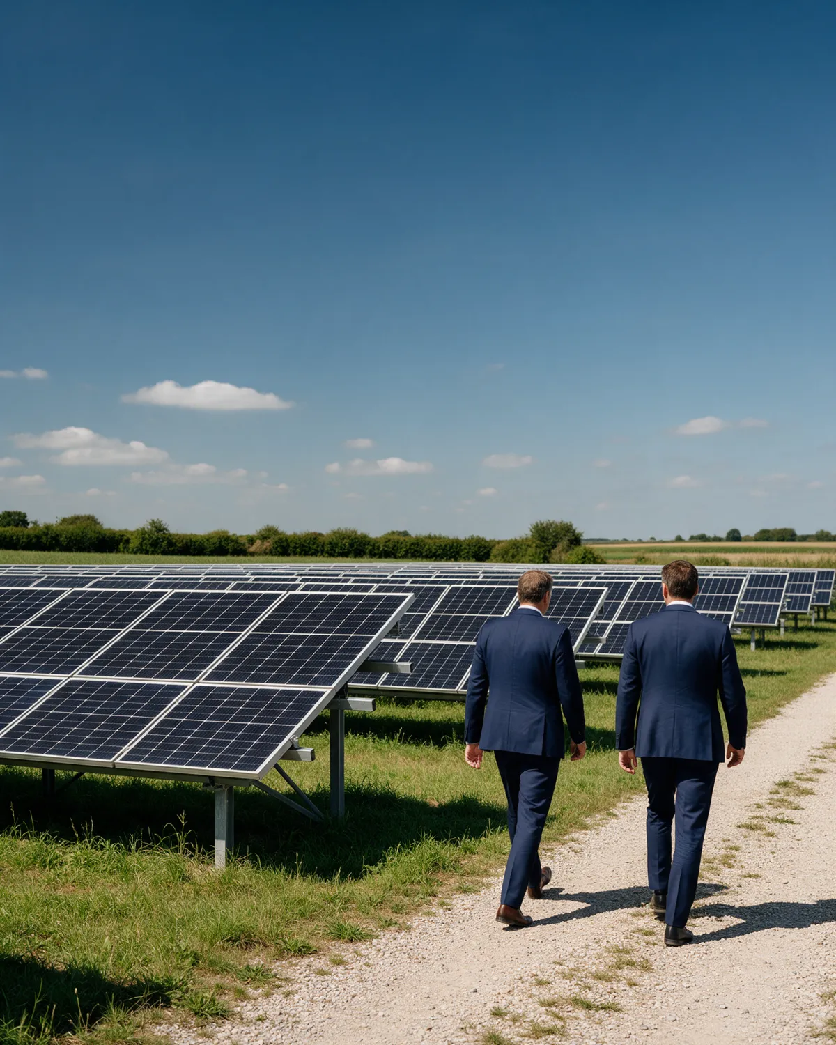 Zwei Männer im Anzug gehen auf einem Weg an einem Solarpark entlang