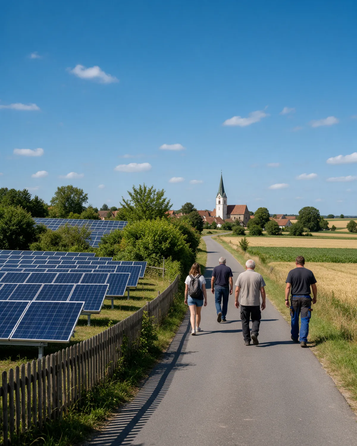 Menschen aus dem Alltag spazieren auf einem Feldweg an einem Solarpark vorbei