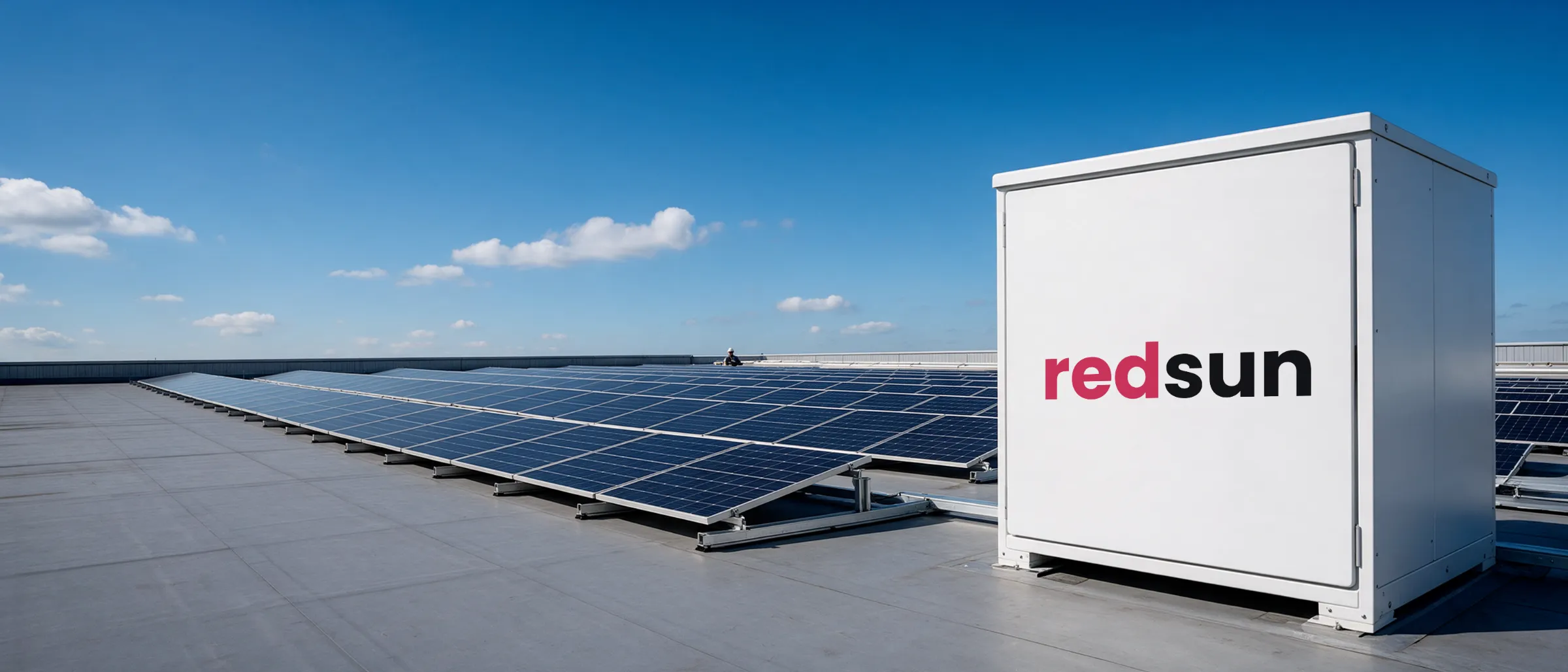 Solarmodule auf einem Gewerbedach mit redsun-Logo