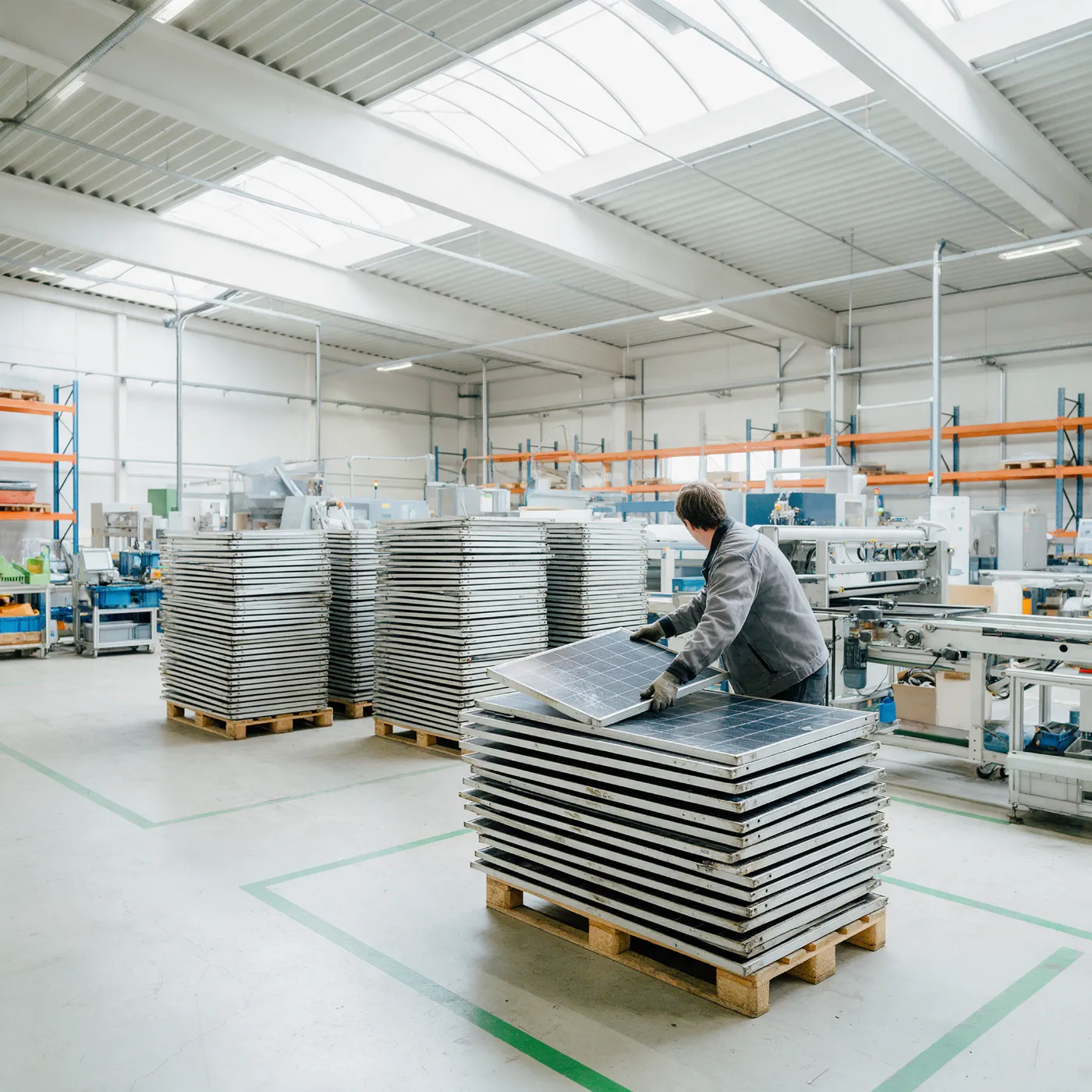 Mitarbeiter stapelt ausgediente Solarmodule in einer Recyclinghalle